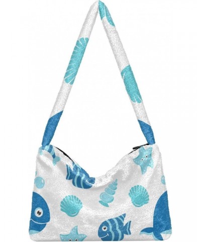 Sea Animals Furry Tote Bag for Women Crossbody Bag Shoulder Purses Furry Soft Bag with Zipper for Daily Use $10.91 Totes