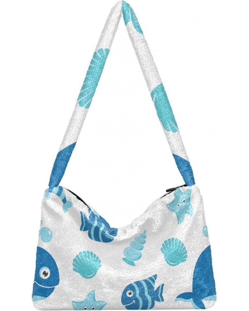 Sea Animals Furry Tote Bag for Women Crossbody Bag Shoulder Purses Furry Soft Bag with Zipper for Daily Use $10.91 Totes