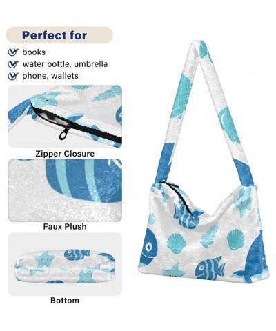 Sea Animals Furry Tote Bag for Women Crossbody Bag Shoulder Purses Furry Soft Bag with Zipper for Daily Use $10.91 Totes