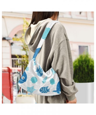 Sea Animals Furry Tote Bag for Women Crossbody Bag Shoulder Purses Furry Soft Bag with Zipper for Daily Use $10.91 Totes