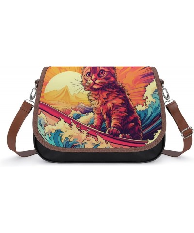 Surf Suring Cat Cute Shoulder Bag Removable Straps Crossbody Bag Waterproof Leather Handbag for Women $25.79 Shoulder Bags