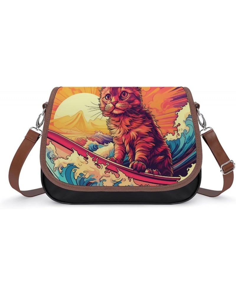 Surf Suring Cat Cute Shoulder Bag Removable Straps Crossbody Bag Waterproof Leather Handbag for Women $25.79 Shoulder Bags