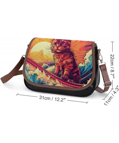 Surf Suring Cat Cute Shoulder Bag Removable Straps Crossbody Bag Waterproof Leather Handbag for Women $25.79 Shoulder Bags