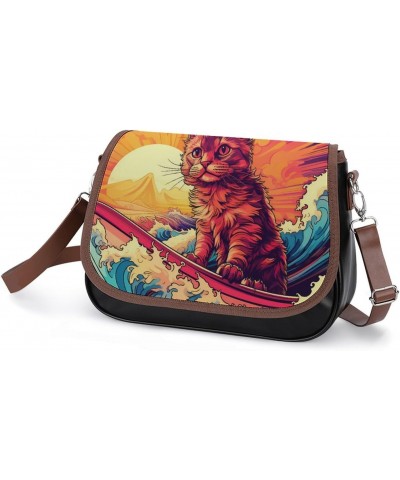 Surf Suring Cat Cute Shoulder Bag Removable Straps Crossbody Bag Waterproof Leather Handbag for Women $25.79 Shoulder Bags