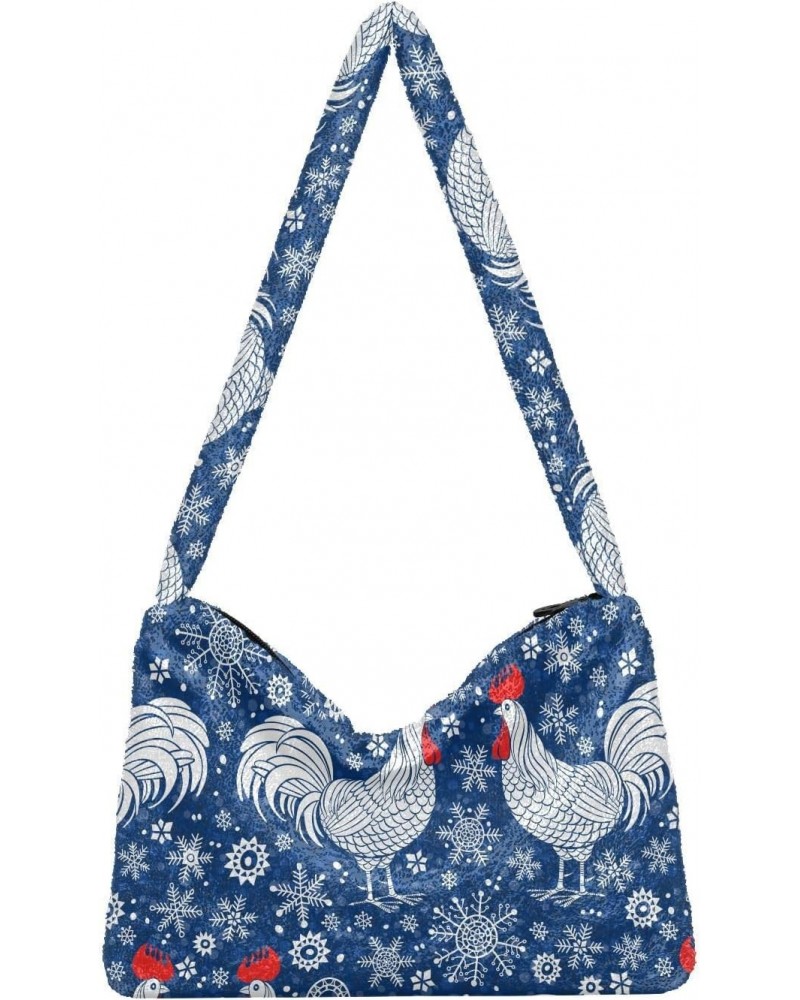 Roosters Farmhouse Snowflakes Fluffy Tote Bag Handbag Purse Shoulder Bag Crossbody Bags for Women Daily Gifts with Zipper $11...