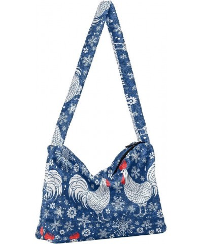 Roosters Farmhouse Snowflakes Fluffy Tote Bag Handbag Purse Shoulder Bag Crossbody Bags for Women Daily Gifts with Zipper $11...