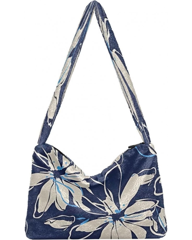 Floral Tropical Dark Blue Women Hobo Handbags, Plush Tote Shoulder Handbag Purse $12.38 Totes