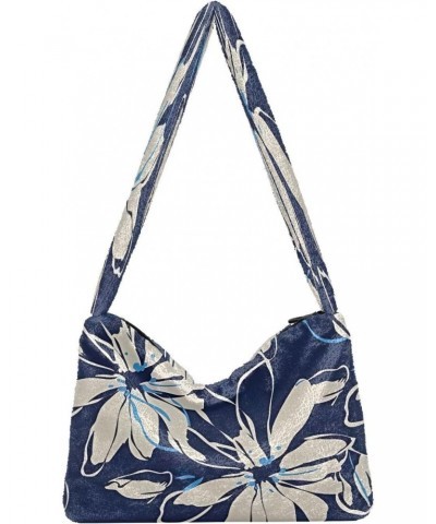 Floral Tropical Dark Blue Women Hobo Handbags, Plush Tote Shoulder Handbag Purse $12.38 Totes