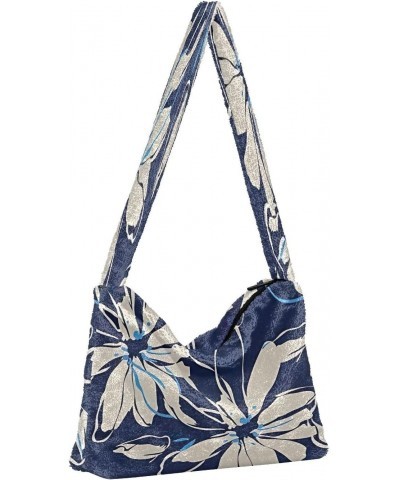 Floral Tropical Dark Blue Women Hobo Handbags, Plush Tote Shoulder Handbag Purse $12.38 Totes