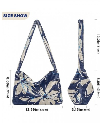 Floral Tropical Dark Blue Women Hobo Handbags, Plush Tote Shoulder Handbag Purse $12.38 Totes