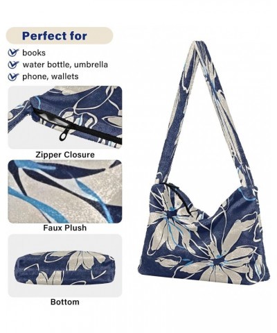 Floral Tropical Dark Blue Women Hobo Handbags, Plush Tote Shoulder Handbag Purse $12.38 Totes