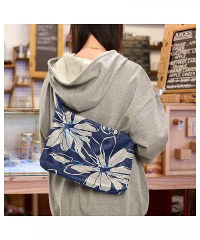 Floral Tropical Dark Blue Women Hobo Handbags, Plush Tote Shoulder Handbag Purse $12.38 Totes