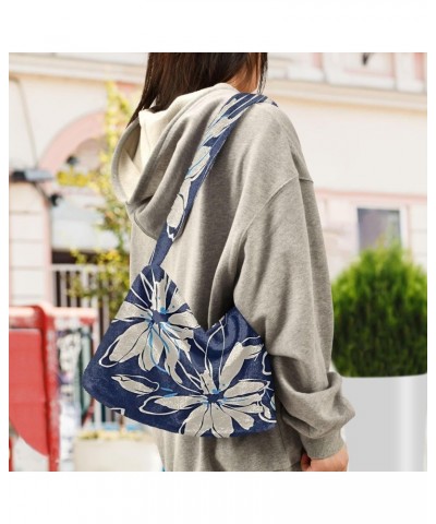 Floral Tropical Dark Blue Women Hobo Handbags, Plush Tote Shoulder Handbag Purse $12.38 Totes