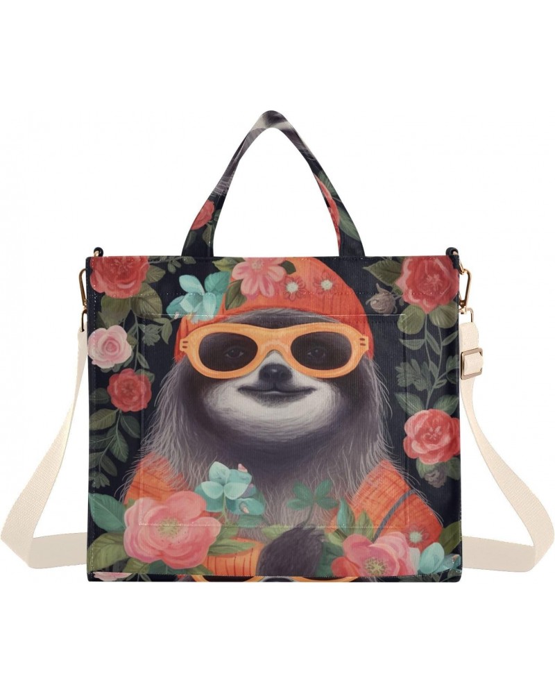 Sloth and Flowers Corduroy Tote Bag for Women Hobo Crossbody Bag Purse Stylish Shoulder Handbag Messenger Bags, S $10.57 Totes