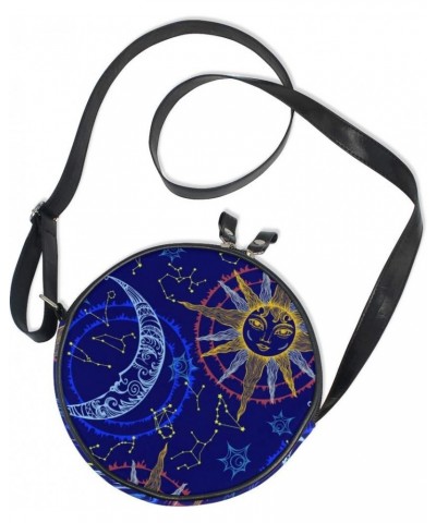 Canvas Crossbody Bag Hippy Sacred Moon Sun Starry Sky Women Shoulder Bag Round Beach Purse Handbags $9.60 Shoulder Bags