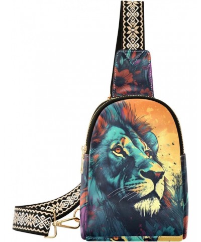 Women's Sling Bag Blue Lion Portrait Print with Adjustable Strap Zipper Closure, PU Leather Water Resistant Crossbody Bag Pur...