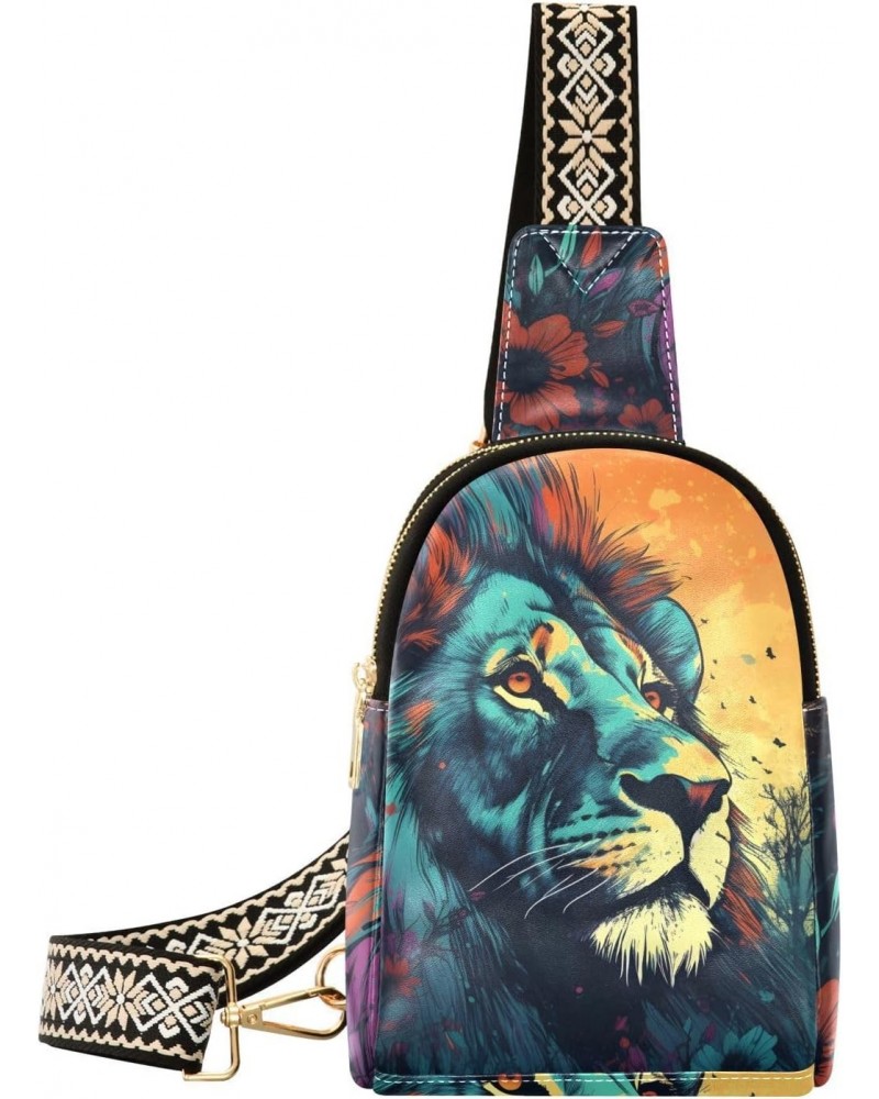 Women's Sling Bag Blue Lion Portrait Print with Adjustable Strap Zipper Closure, PU Leather Water Resistant Crossbody Bag Pur...