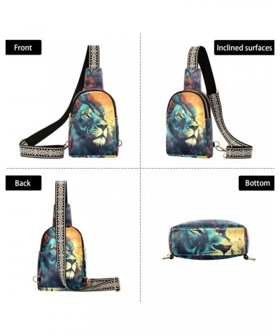 Women's Sling Bag Blue Lion Portrait Print with Adjustable Strap Zipper Closure, PU Leather Water Resistant Crossbody Bag Pur...