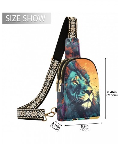 Women's Sling Bag Blue Lion Portrait Print with Adjustable Strap Zipper Closure, PU Leather Water Resistant Crossbody Bag Pur...