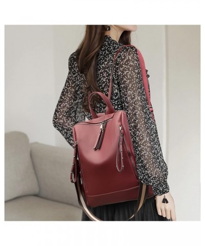 Womens Backpack Wide Strap Travel Backpack Quality PU Leather Solid Color Large Capacity Womens Fashion Bags (Color : Wine Re...