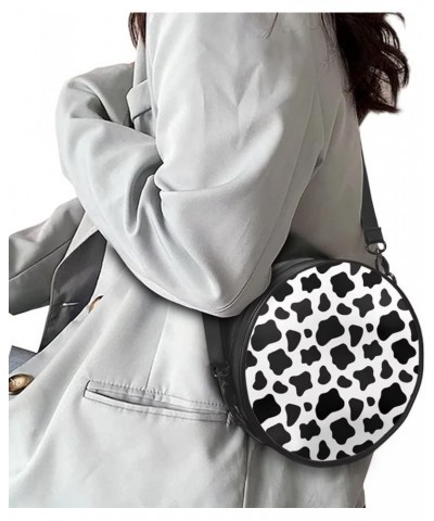 Womens Shoulder Bags Zipper Leather Handbags Round Travel Crossbody Tote Bags White Black Cow Print $13.72 Totes