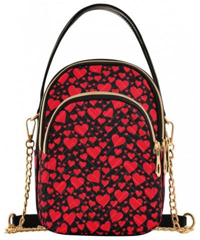 Chain Crossbody Bags for Women Valentine's Day Red Hearts on Black Background Quilted Shoulder Crossbody Handbags Travel Cros...