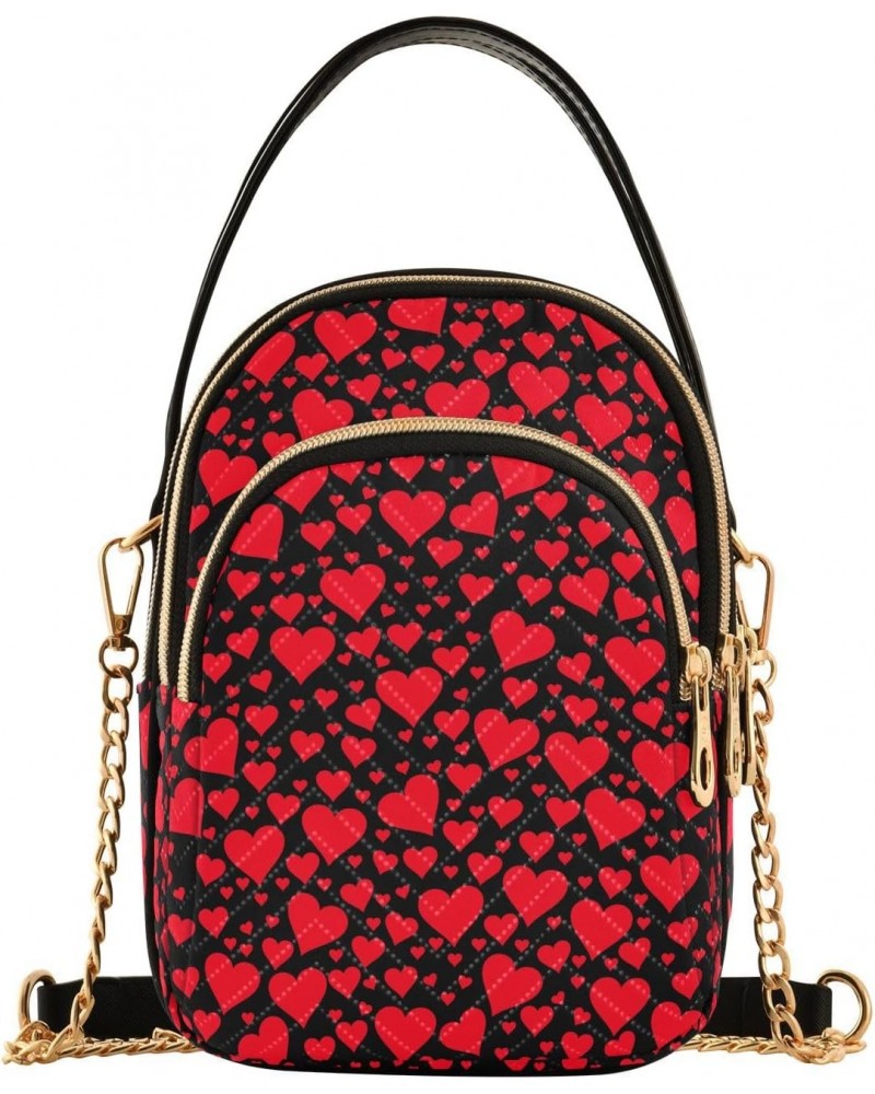 Chain Crossbody Bags for Women Valentine's Day Red Hearts on Black Background Quilted Shoulder Crossbody Handbags Travel Cros...