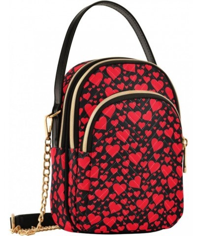 Chain Crossbody Bags for Women Valentine's Day Red Hearts on Black Background Quilted Shoulder Crossbody Handbags Travel Cros...