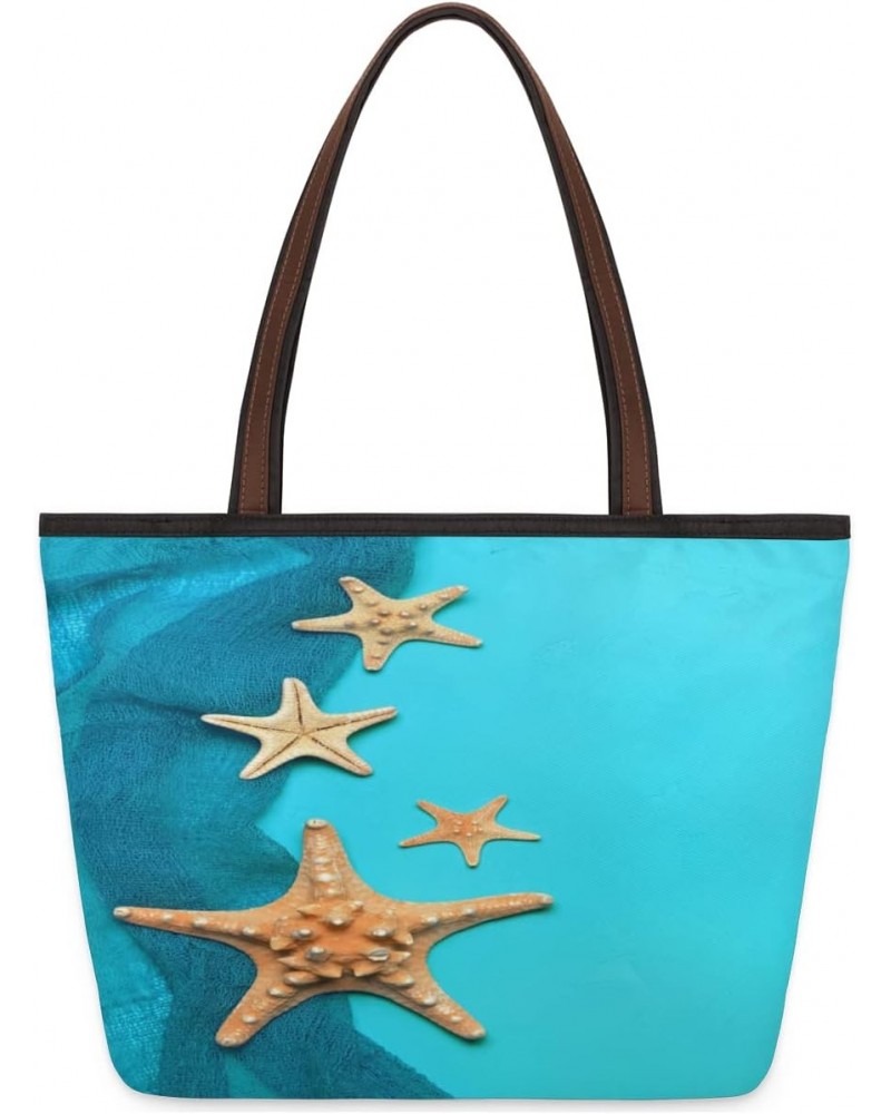 Marine Blue Background With Seashells And Starfish 632671463 Large Tote Bag For Women Shoulder Handbags with Zippper Top Hand...