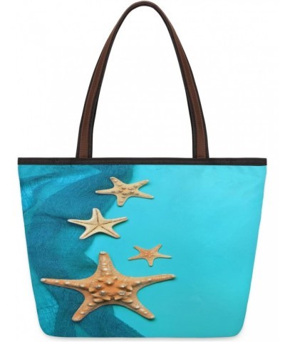 Marine Blue Background With Seashells And Starfish 632671463 Large Tote Bag For Women Shoulder Handbags with Zippper Top Hand...