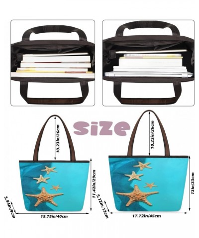 Marine Blue Background With Seashells And Starfish 632671463 Large Tote Bag For Women Shoulder Handbags with Zippper Top Hand...