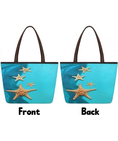 Marine Blue Background With Seashells And Starfish 632671463 Large Tote Bag For Women Shoulder Handbags with Zippper Top Hand...