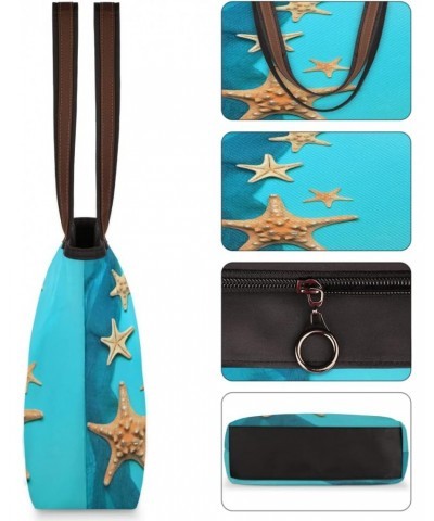 Marine Blue Background With Seashells And Starfish 632671463 Large Tote Bag For Women Shoulder Handbags with Zippper Top Hand...