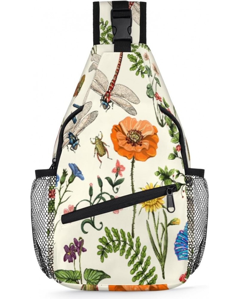 Spring Flowers Dragonfly Butterfly Sling Crossbody Bag for Women Men, Sling Backpack Travel Hiking Casual Daypack Chest Bag P...