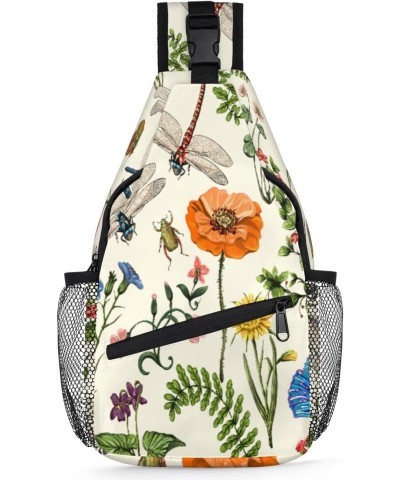 Spring Flowers Dragonfly Butterfly Sling Crossbody Bag for Women Men, Sling Backpack Travel Hiking Casual Daypack Chest Bag P...