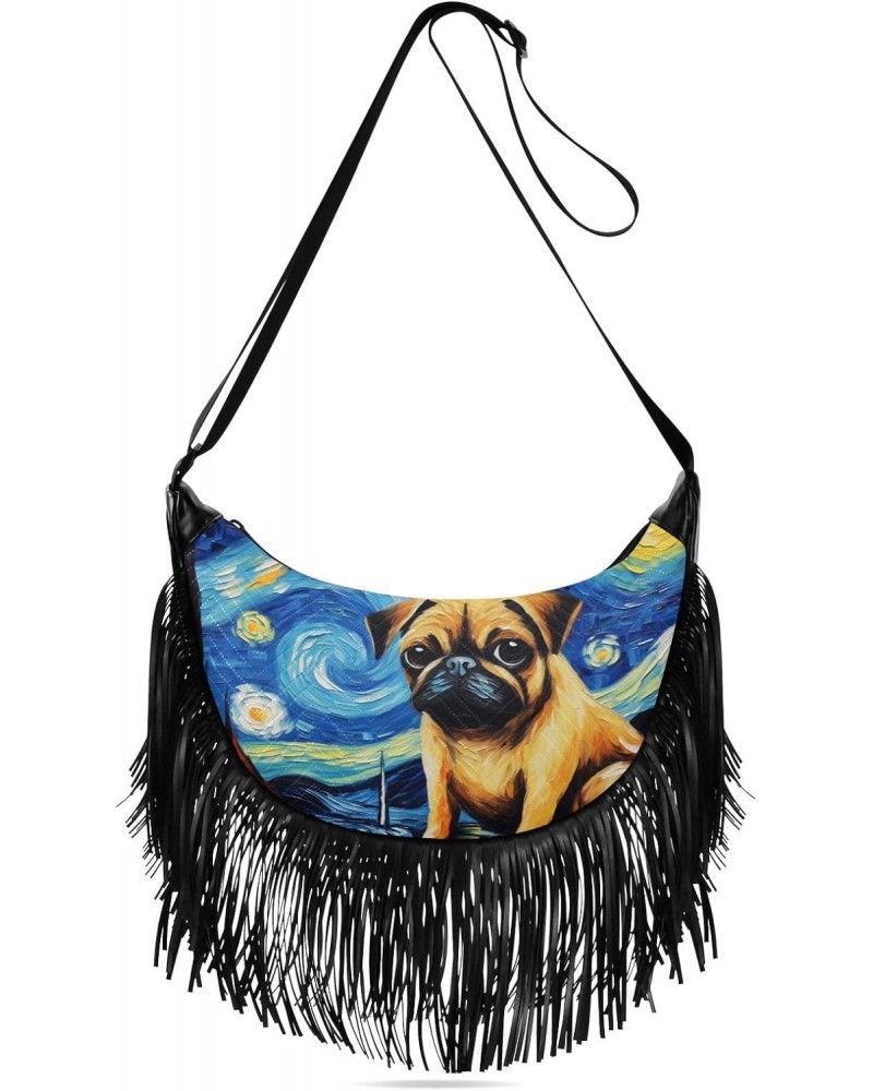 Women's Fringe Crossbody Tassel Purse Cute Pug Dog Sitting Hobo Shoulder Bags Crossbody Handbag with Adjustable Shoulder Stra...