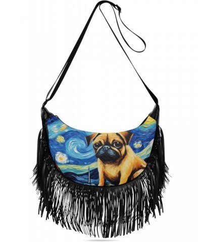 Women's Fringe Crossbody Tassel Purse Cute Pug Dog Sitting Hobo Shoulder Bags Crossbody Handbag with Adjustable Shoulder Stra...