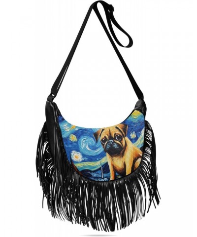 Women's Fringe Crossbody Tassel Purse Cute Pug Dog Sitting Hobo Shoulder Bags Crossbody Handbag with Adjustable Shoulder Stra...