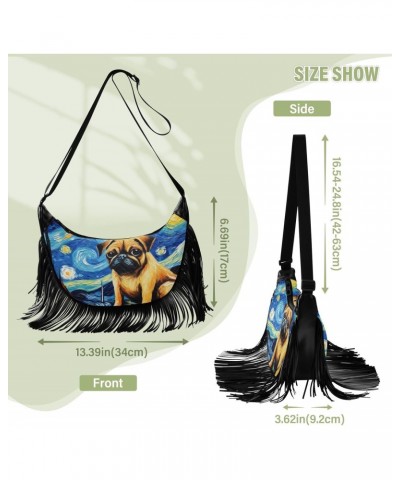 Women's Fringe Crossbody Tassel Purse Cute Pug Dog Sitting Hobo Shoulder Bags Crossbody Handbag with Adjustable Shoulder Stra...