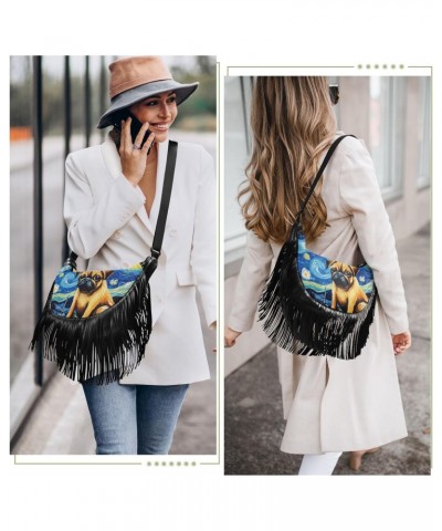 Women's Fringe Crossbody Tassel Purse Cute Pug Dog Sitting Hobo Shoulder Bags Crossbody Handbag with Adjustable Shoulder Stra...