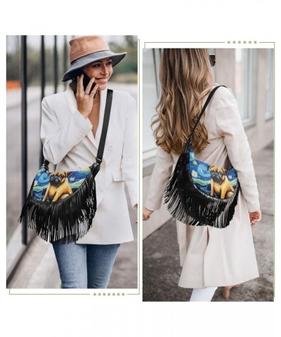 Women's Fringe Crossbody Tassel Purse Cute Pug Dog Sitting Hobo Shoulder Bags Crossbody Handbag with Adjustable Shoulder Stra...