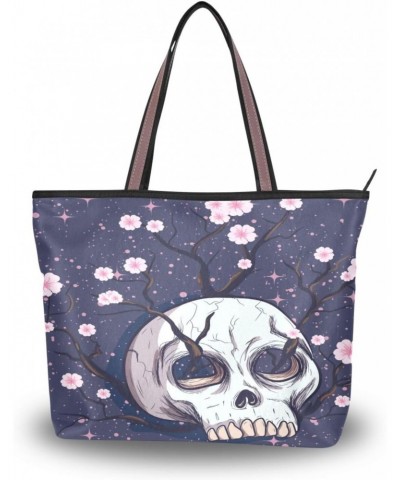 Womens Tote Bag, Skull Pink Cherry Blossom Flowers Ladies Zip Shoulder Handbags $13.67 Shoulder Bags