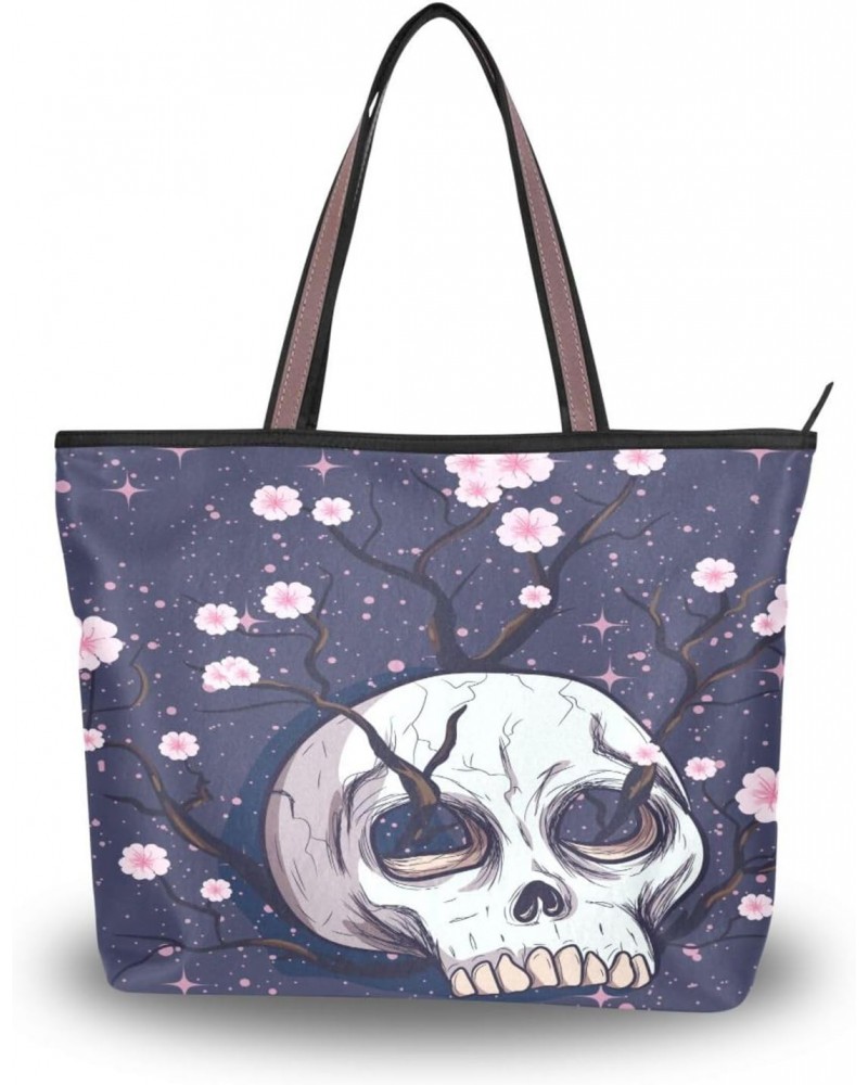 Womens Tote Bag, Skull Pink Cherry Blossom Flowers Ladies Zip Shoulder Handbags $13.67 Shoulder Bags