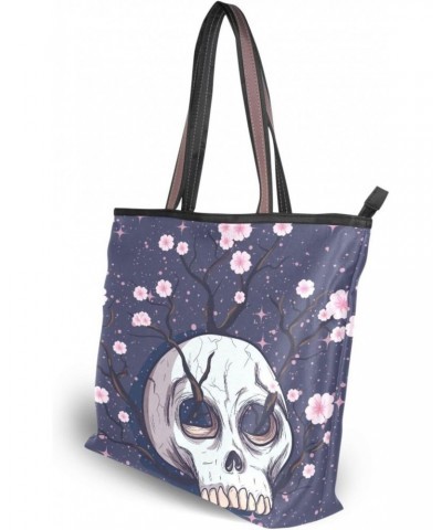 Womens Tote Bag, Skull Pink Cherry Blossom Flowers Ladies Zip Shoulder Handbags $13.67 Shoulder Bags