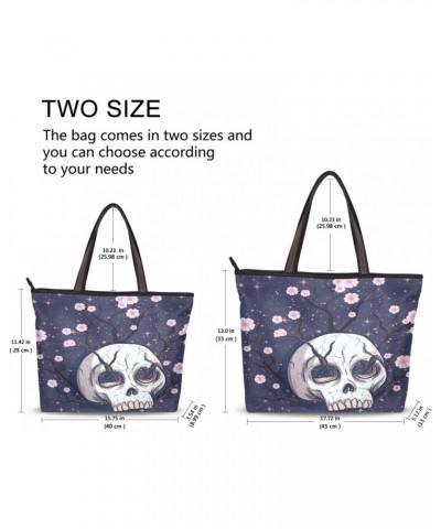 Womens Tote Bag, Skull Pink Cherry Blossom Flowers Ladies Zip Shoulder Handbags $13.67 Shoulder Bags