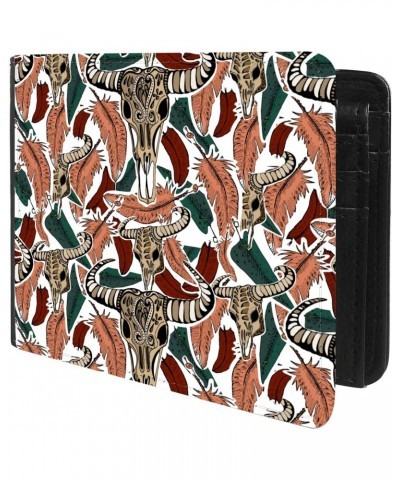 Unique Desige Pattern - Native American tribal bull skull and feather pattern, Slim Front Pocket Wallet Billfold RFID Blockin...