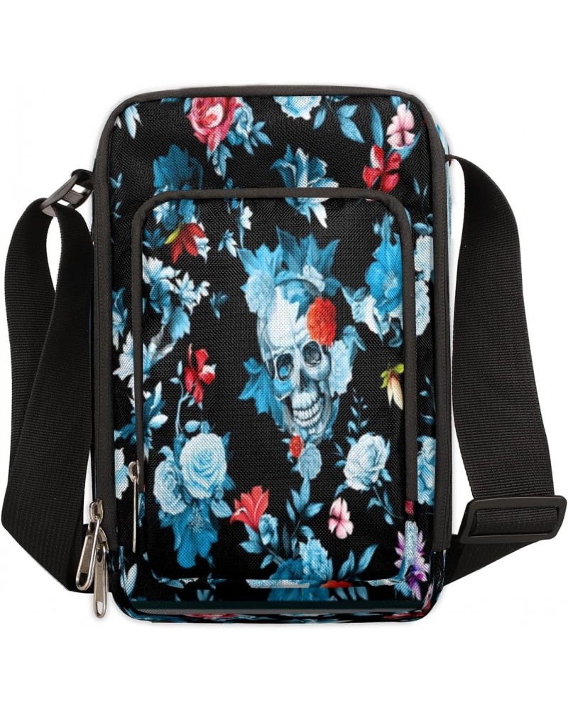 Skull Flower Blue Cross Body Bags Trendy Cross Body Cell Phone Purse Wallet Shoulder Bag Small Travel Crossbody Bag with Adju...