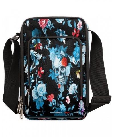 Skull Flower Blue Cross Body Bags Trendy Cross Body Cell Phone Purse Wallet Shoulder Bag Small Travel Crossbody Bag with Adju...