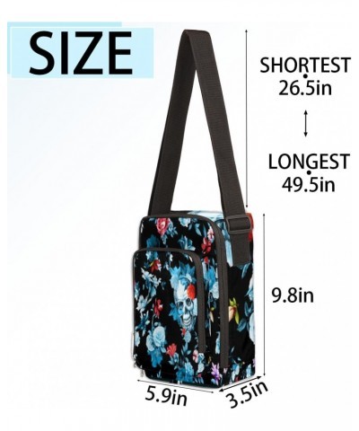 Skull Flower Blue Cross Body Bags Trendy Cross Body Cell Phone Purse Wallet Shoulder Bag Small Travel Crossbody Bag with Adju...