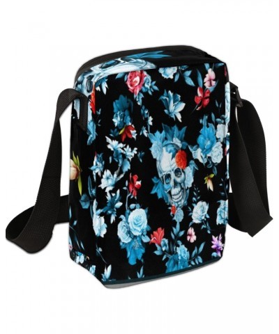 Skull Flower Blue Cross Body Bags Trendy Cross Body Cell Phone Purse Wallet Shoulder Bag Small Travel Crossbody Bag with Adju...